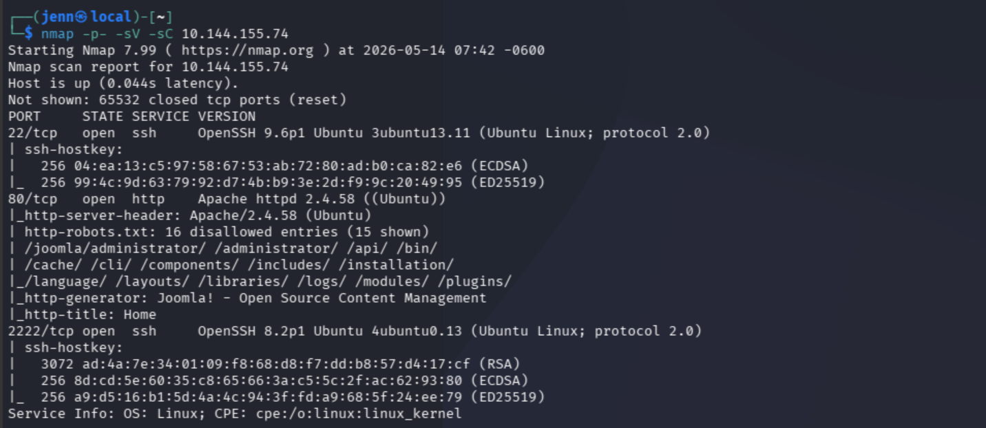 nmap service version scan confirming ports